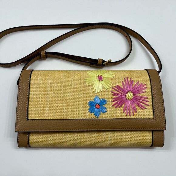 Anne Klein - Brown Leather & Tan Straw Crossbody with Flower Details - NWOT - Picture 3 of 9